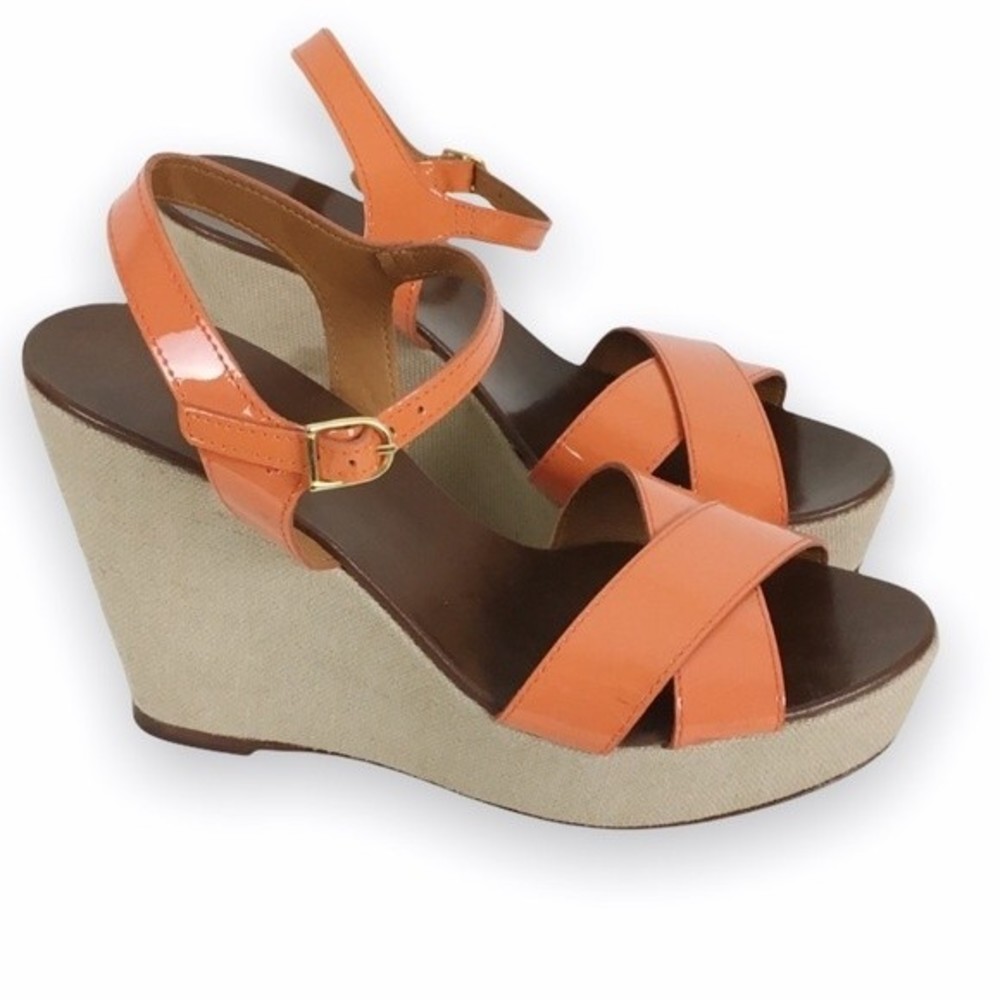 JCREW J CREW Size 7 Orange Patent Leather Strappy Wedges‎ Platform Heels Sandals
